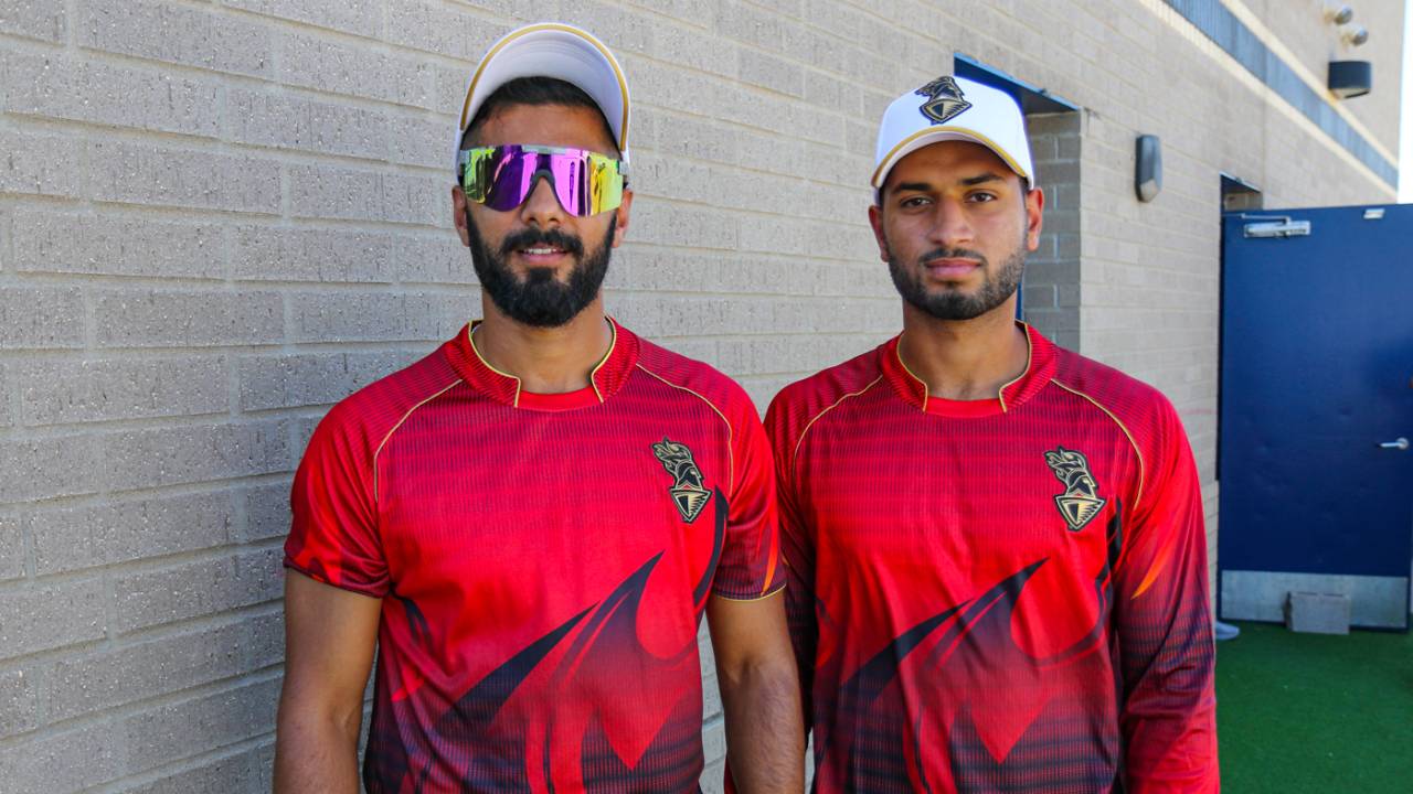 USA and Los Angeles Knight Riders teammates Ali Khan and Ali Sheikh after their final training session on the eve of MLC opening night, Grand Prairie, July 12, 2023