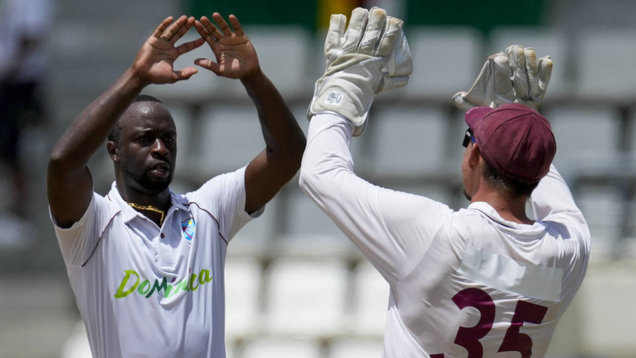 Kemar Roach celebrates a wicket, West Indies vs India, 1st Test, Dominica, 3rd day, July 14, 2023