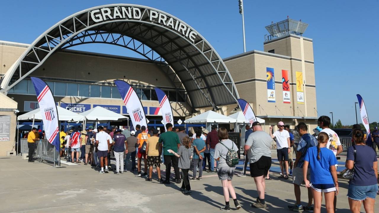 Fans line up to enter the Grand Prairie Stadium, Texas Super Kings vs LA Knight Riders, MLC,Texas, July 13, 2023