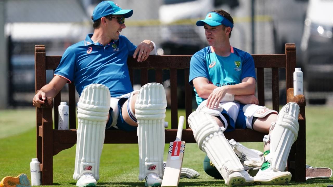 Pat Cummins and Marcus Harris chat at Australia training
