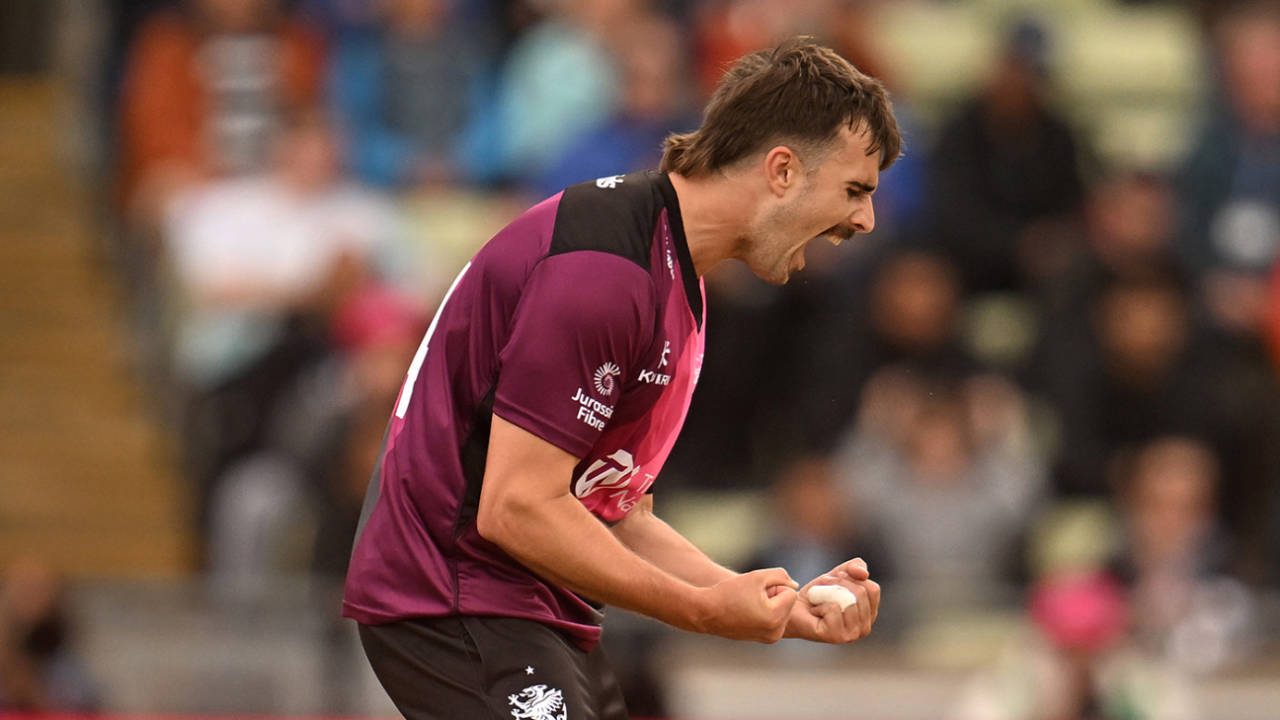 Ben Green roars in celebration of a wicket, Somerset vs Surrey, Vitality Blast semi-final, Edgbaston, July 15, 2023