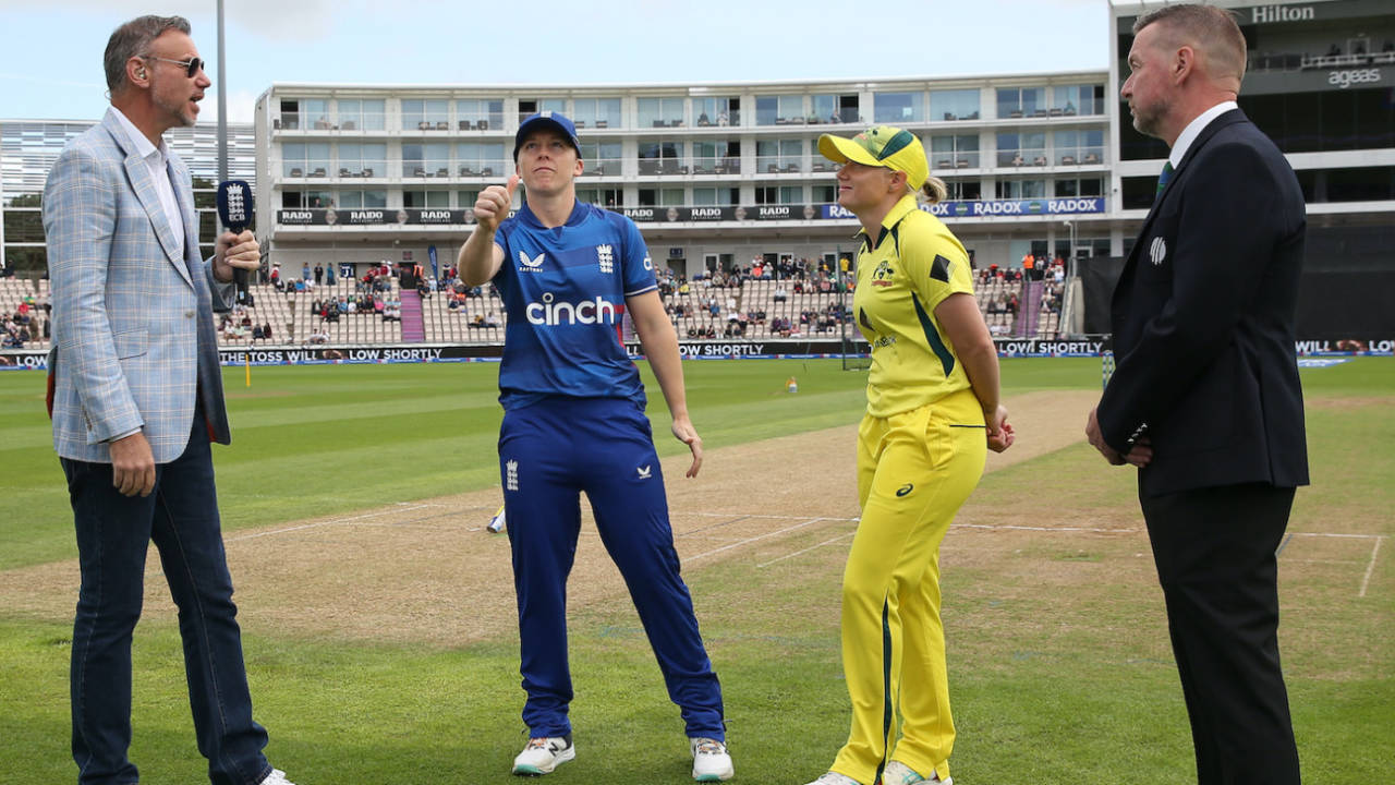 Heather Knight and Alyssa Healy at the toss with Charles Dagnall and match referee, Wayne Noon, England vs Australia, Women's Ashes, 2nd ODI, Southampton, July 16, 2023