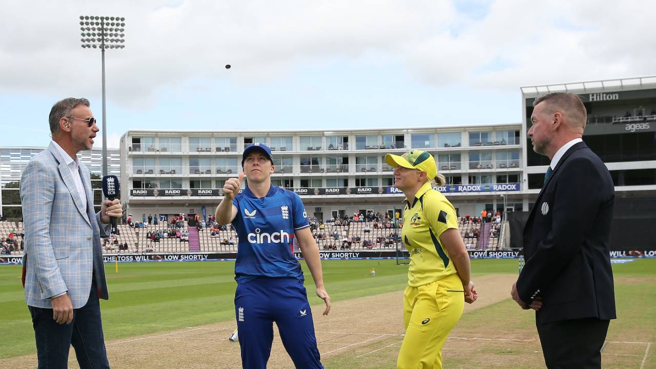 Heather Knight and Alyssa Healy at the toss with Charles Dagnall and match referee, Wayne Noon, England vs Australia, Women's Ashes, 2nd ODI, Southampton, July 16, 2023