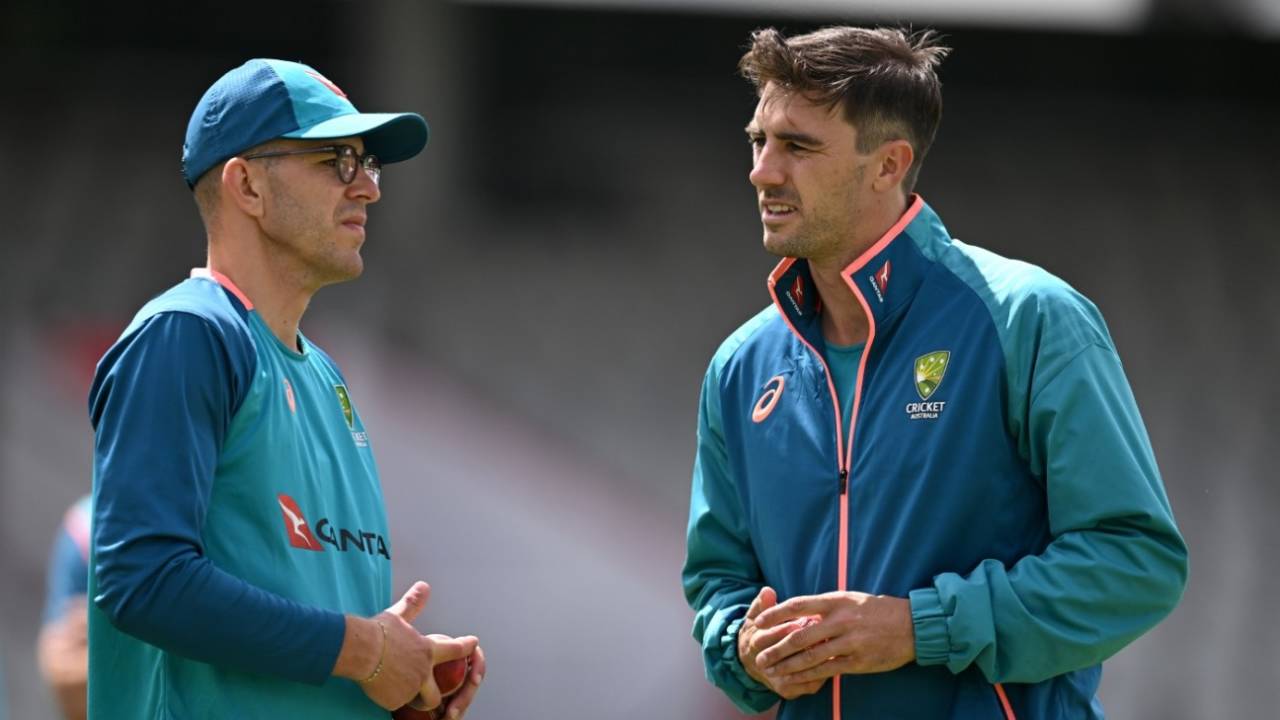 Todd Murphy and Pat Cummins in conversation ahead of the fourth Test, England vs Australia, 4th Test, Old Trafford, July 18, 2023
