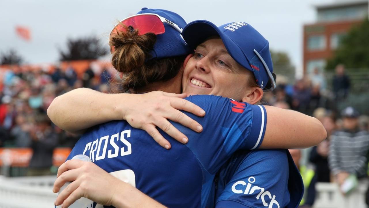 Heather Knight and Kate Cross embrace after clinching the series, England vs Australia, 3rd ODI, Women's Ashes, Taunton, July 18, 2023