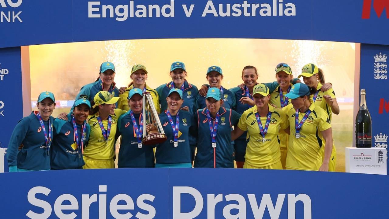 Australia pose on the podium after retaining the Ashes, England vs Australia, 3rd ODI, Women's Ashes, Taunton, July 18, 2023