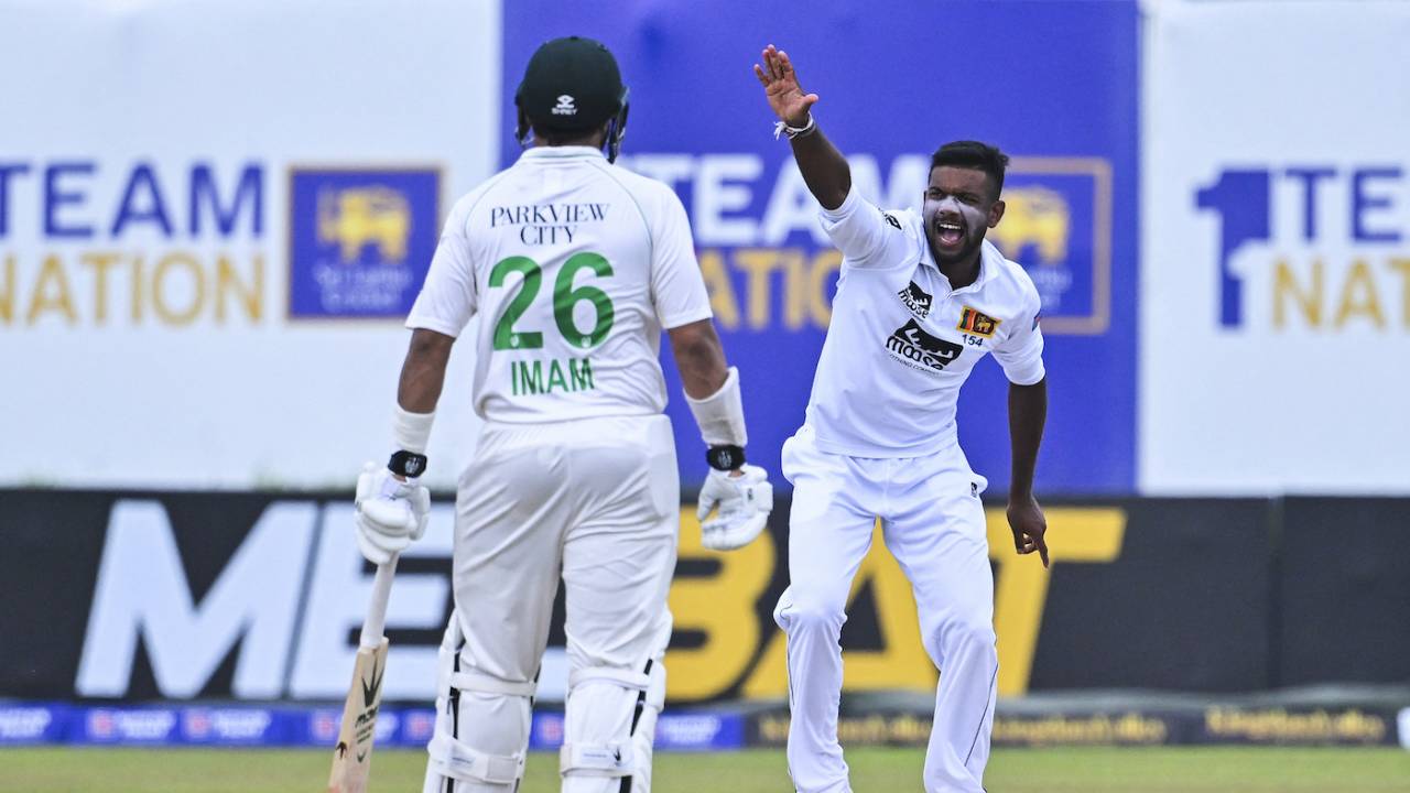 Ramesh Mendis unsuccessfully appeals for lbw against Babar Azam, Sri Lanka vs Pakistan, 1st Test, Galle, 5th day, July 20, 2023