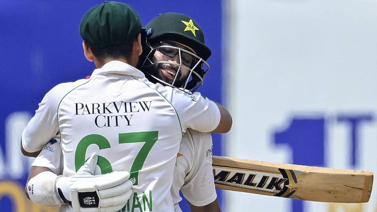 Imam-ul-Haq and Agha Salman embrace after sealing victory, Sri Lanka vs Pakistan, 1st Test, Galle, 5th day, July 20, 2023