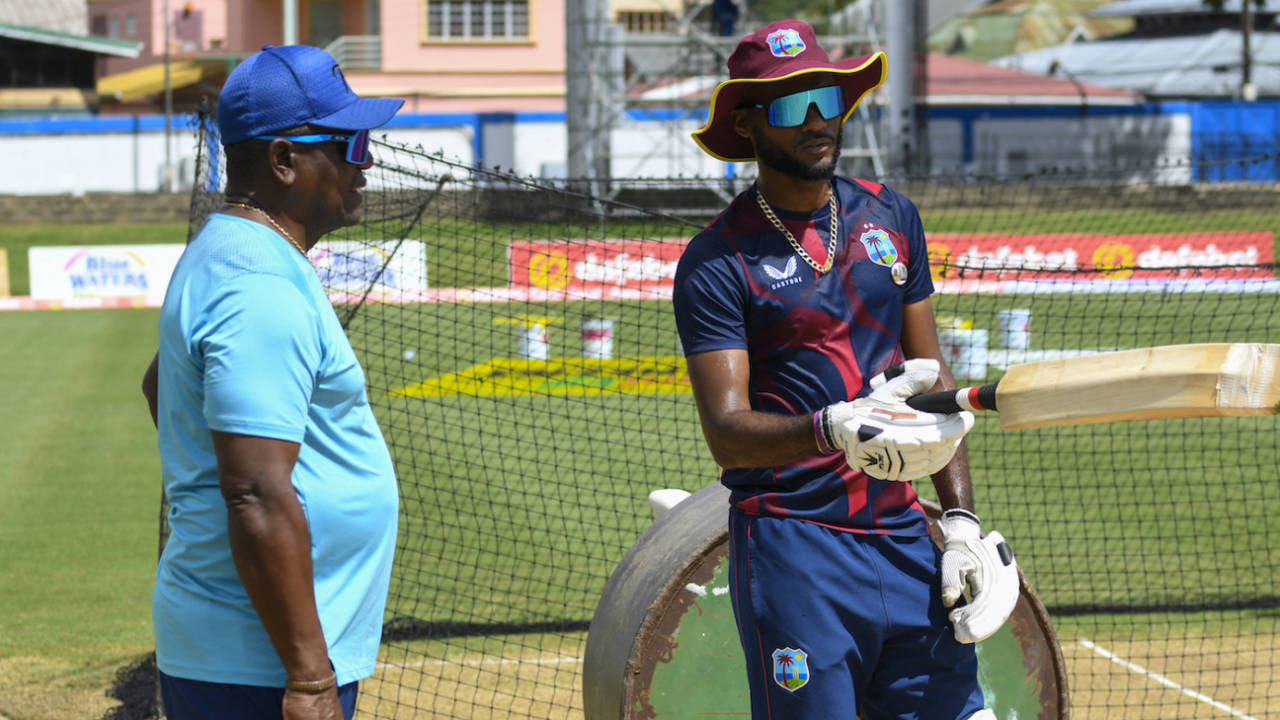 Chief selector Desmond Haynes catches up with Kraigg Brathwaite, Port-of-Spain, July 19, 2023