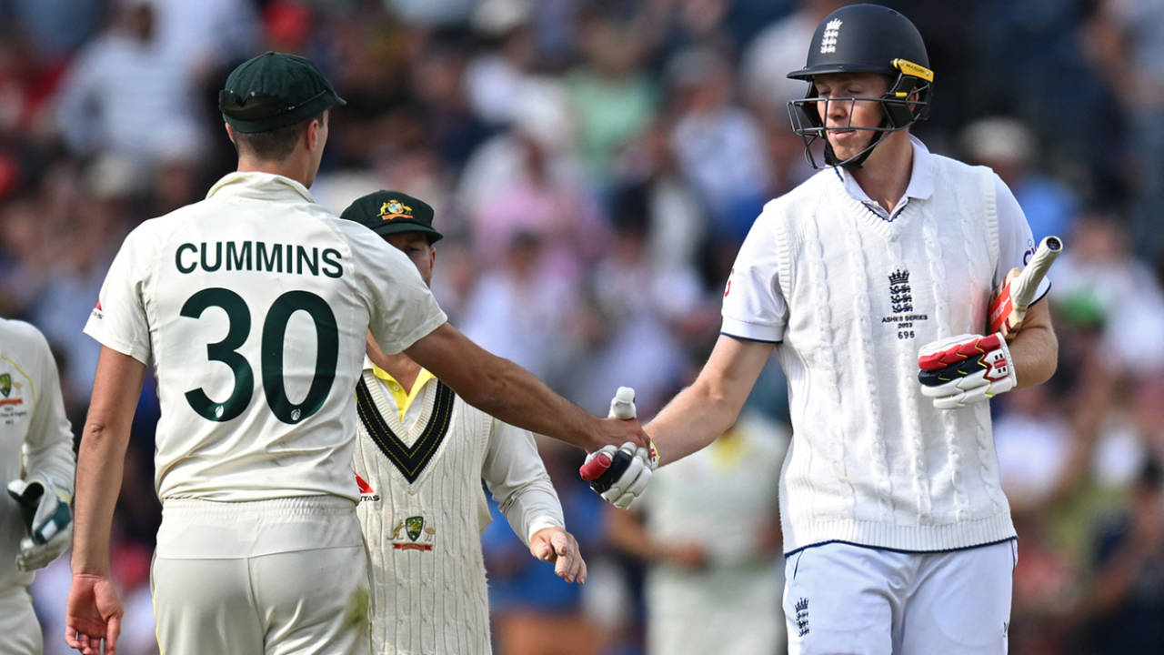 Zak Crawley gets a handshake from Pat Cummins, England vs Australia, 4th Ashes Test, Old Trafford, July 20, 2023