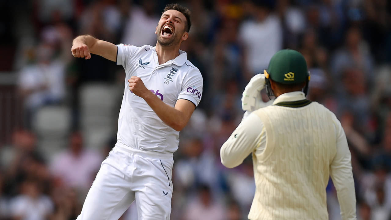 Mark Wood leaps in celebration after dismissing Usman Khawaja, England vs Australia, 4th Ashes Test, Old Trafford, July 21, 2023