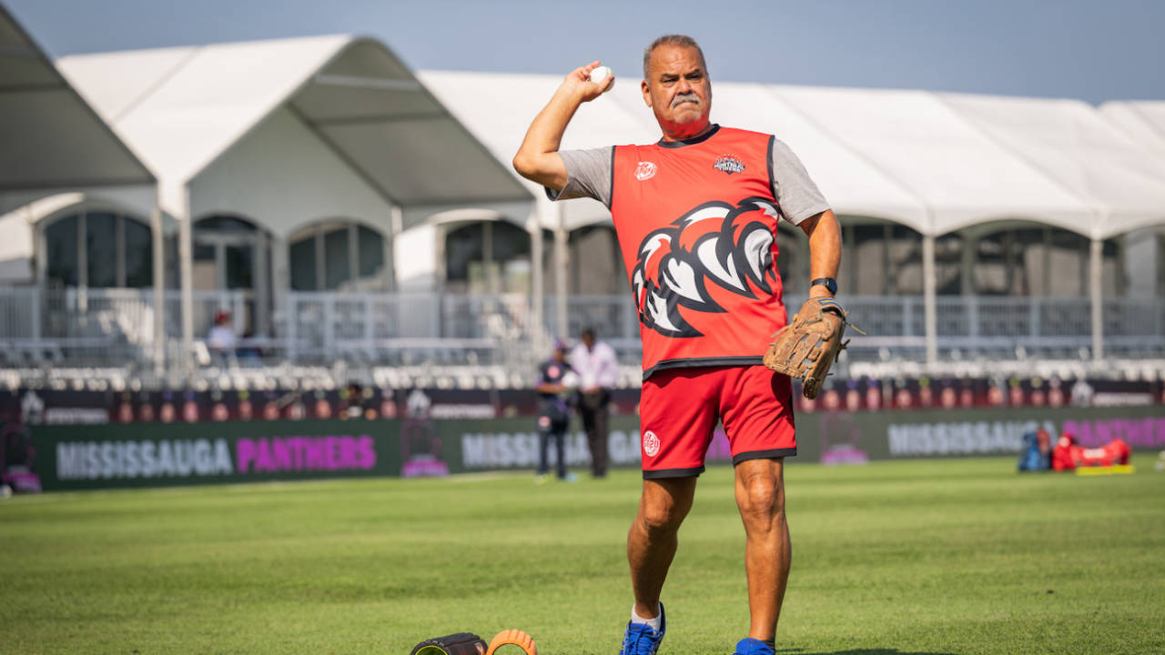 Montreal Tigers head coach Dav Whatmore does some fielding drills, Mississauga Panthers vs Montreal Tigers, Global T20 Canada, Brampton, July 23, 2023
