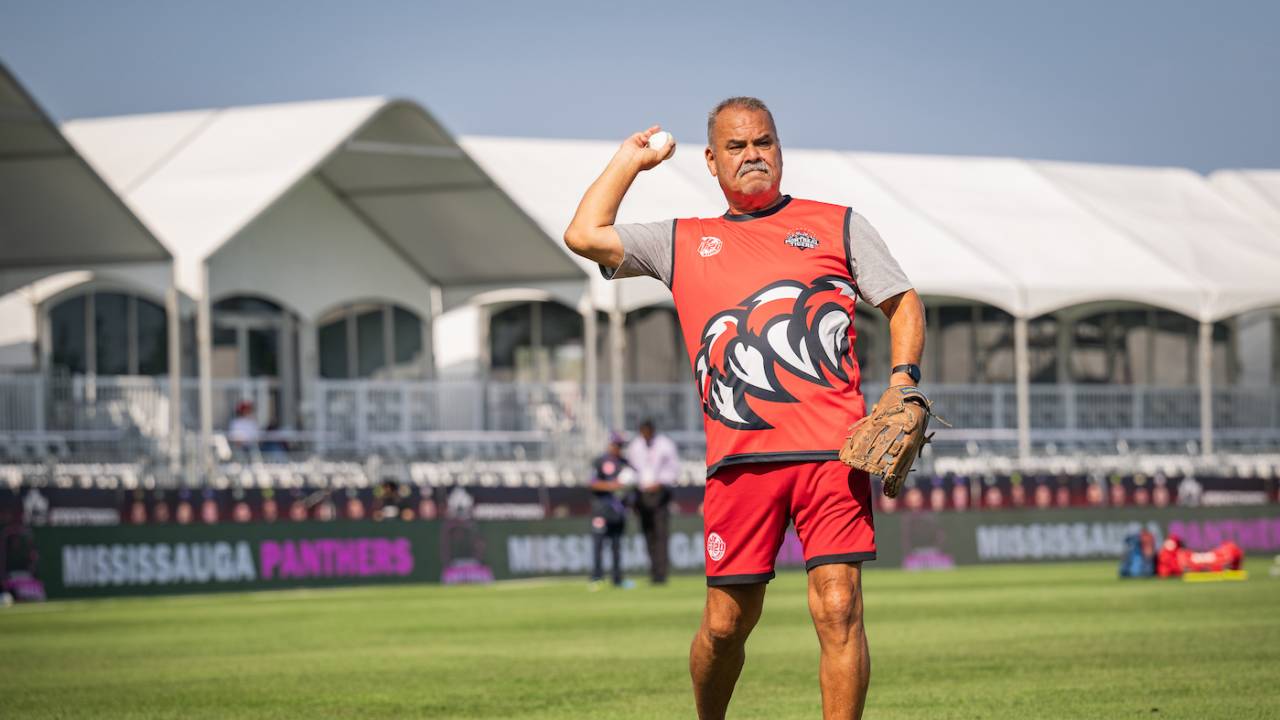 Montreal Tigers head coach Dav Whatmore does some fielding drills, Mississauga Panthers vs Montreal Tigers, Global T20 Canada, Brampton, July 23, 2023
