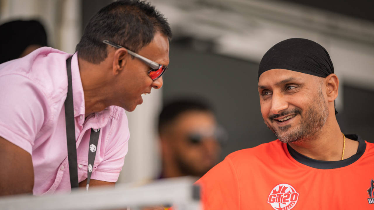 Shivnarine Chanderpaul and Harbhajan Singh catch up on the sidelines of the game, Brampton Wolves vs Surrey Jaguars, Global T20 Canada, Brampton, July 23, 2023
