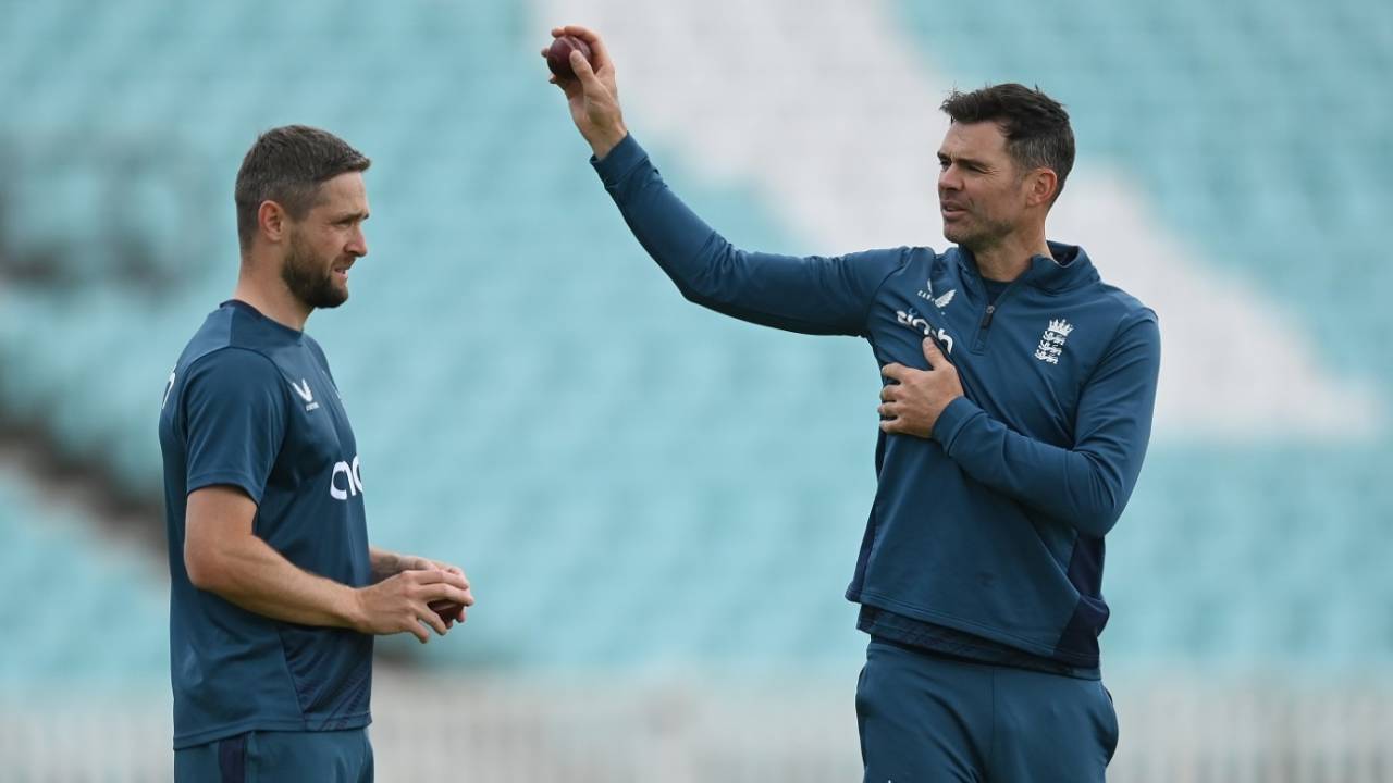 James Anderson and Chris Woakes get ready to have a crack during England's net session, London, July 25, 2023