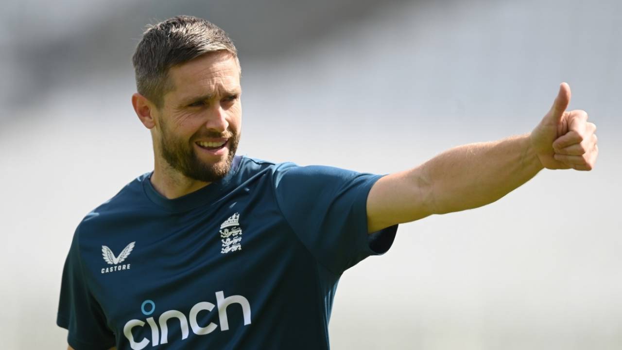 Chris Woakes was in a cheerful mood at the net session, London, July 25, 2023