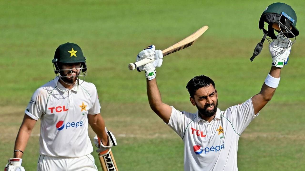 Abdullah Shafique celebrates his maiden Test double-ton, while a pleased Agha Salman looks on, Sri Lanka vs Pakistan, 2nd Test, Colombo, 3rd day, July 26, 2023