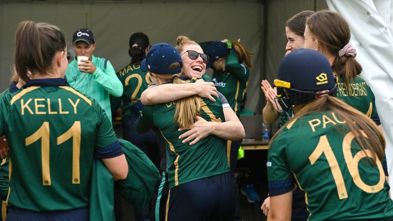 Mary Waldron gets a warm hug from her Ireland team-mates after announcing her retirement, Ireland vs Australia, 3rd ODI, Dublin, July 28, 2023