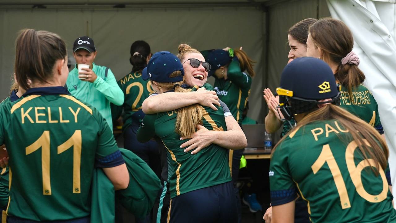 Mary Waldron gets a warm hug from her Ireland team-mates after announcing her retirement, Ireland vs Australia, 3rd ODI, Dublin, July 28, 2023