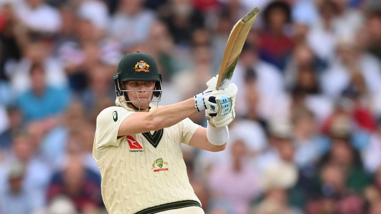 Steven Smith pulls through the leg side during his half-century, England vs Australia, 5th men's Ashes Test, The Oval, 2nd day, July 28, 2023