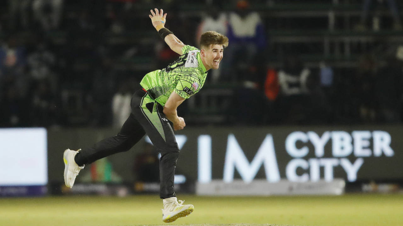 Brad Evans picked up four wickets in just 12 balls , Harare Hurricanes vs Durban Qalandars, Qualifier 2, Zimbabwe Afro T10, Harare, July 28, 2023
