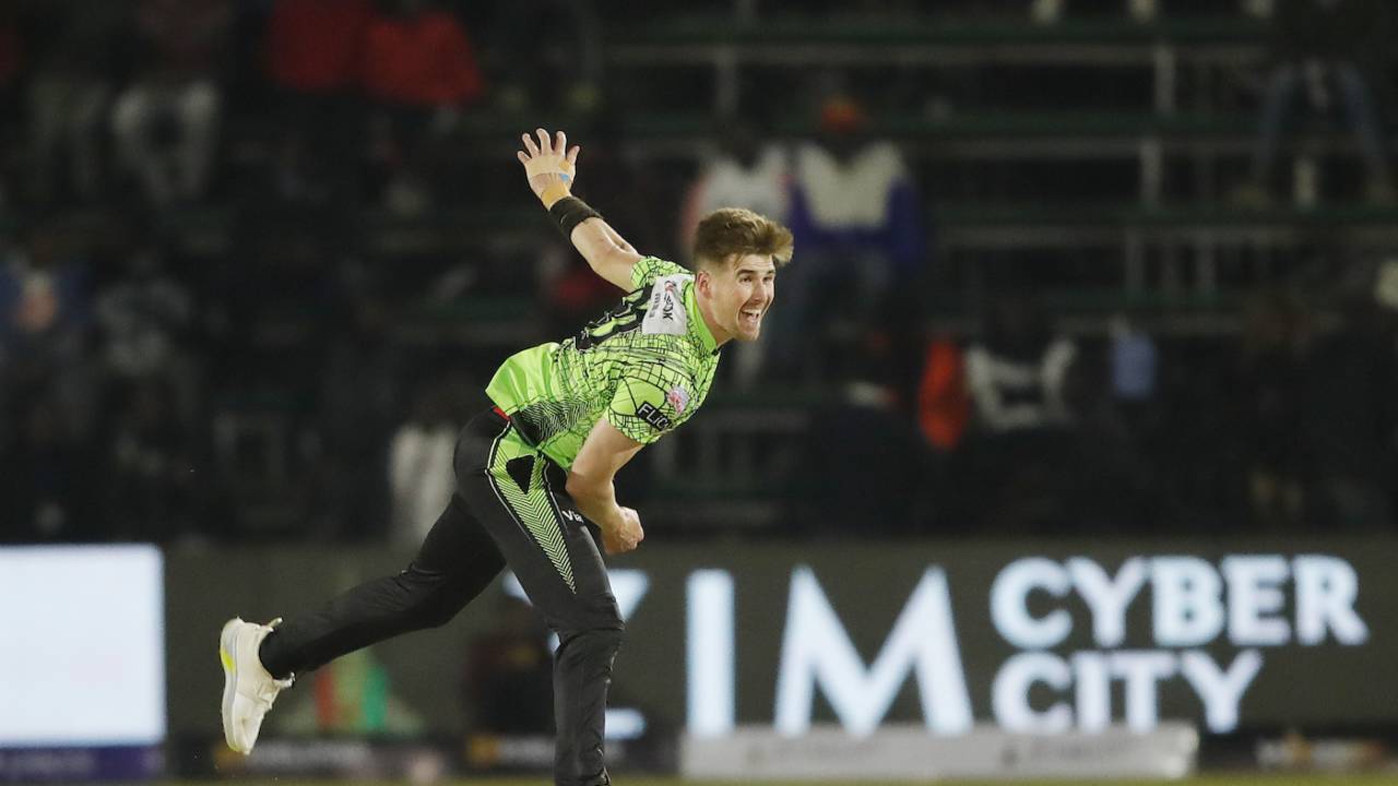 Brad Evans picked up four wickets in just 12 balls , Harare Hurricanes vs Durban Qalandars, Qualifier 2, Zimbabwe Afro T10, Harare, July 28, 2023
