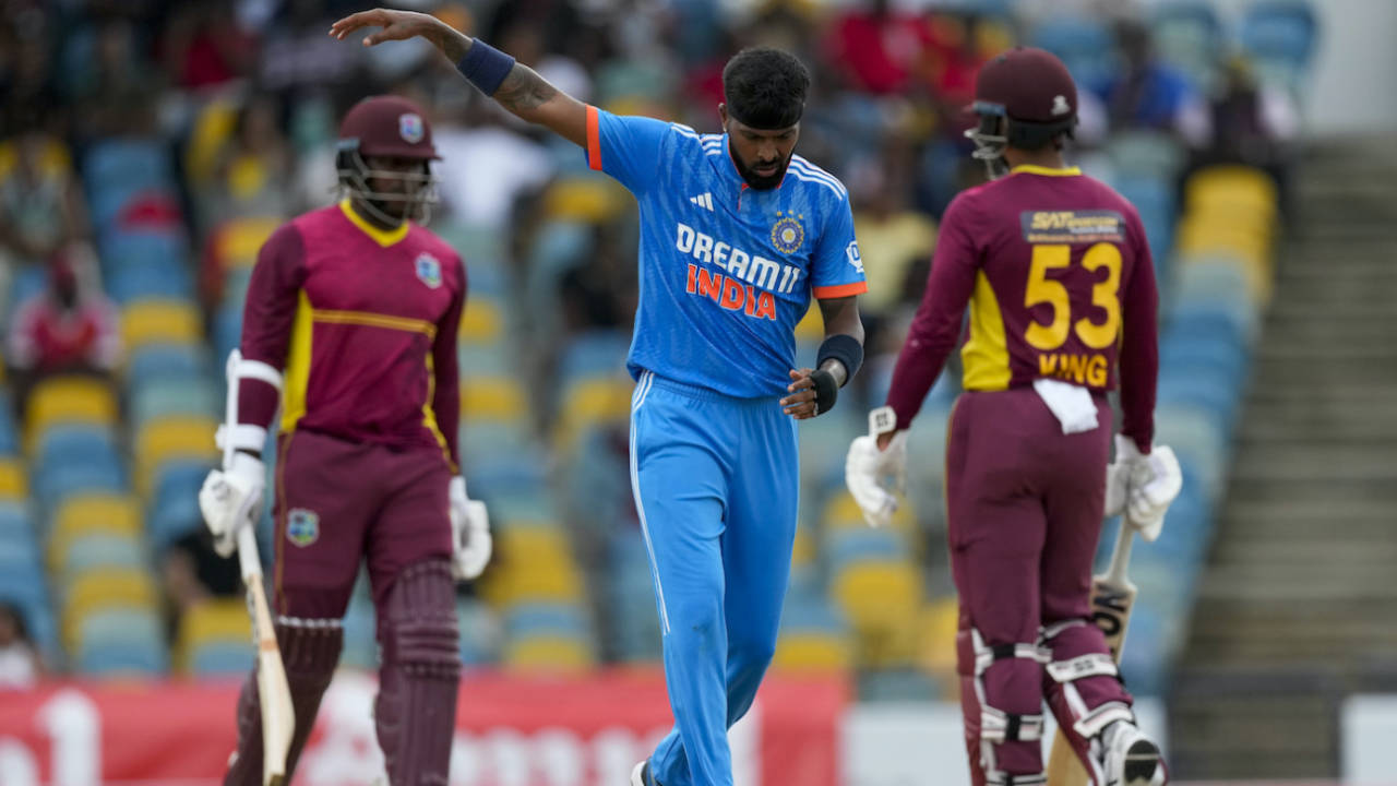 Hardik Pandya gestures amid a brisk opening stand, West Indies vs India, 2nd ODI, Bridgetown, July 29, 2023