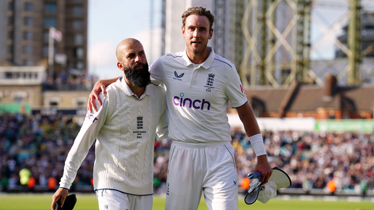 Stuart Broad and Moeen Ali walk off the pitch together for the last time, England vs Australia, 5th men's Ashes Test, The Oval, 5th day, July 31, 2023