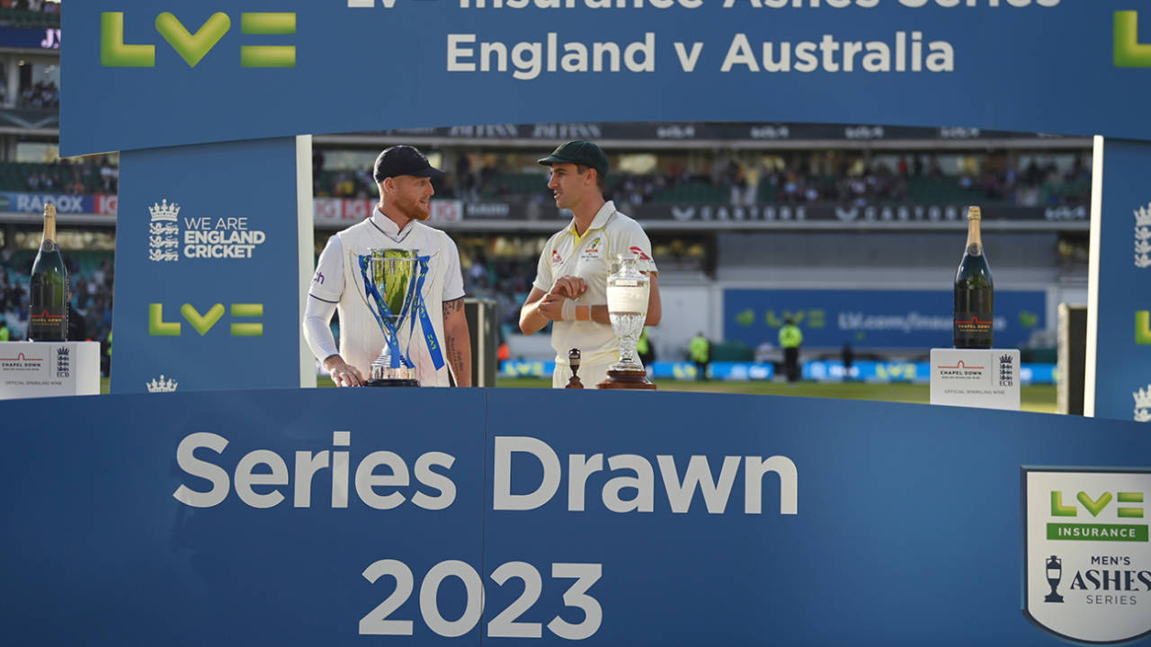 Ben Stokes and Pat Cummins pose with the shared series trophy, England vs Australia, 5th men's Ashes Test, The Oval, 5th day, July 31, 2023