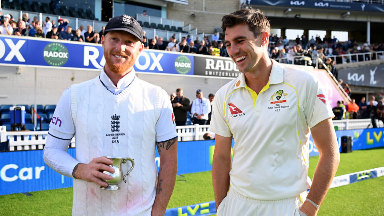 After the heat of battle, Ben Stokes and Pat Cummins share a laugh, England vs Australia, Men's Ashes, 5th Test, The Oval, London, 5th day, July 31, 2023