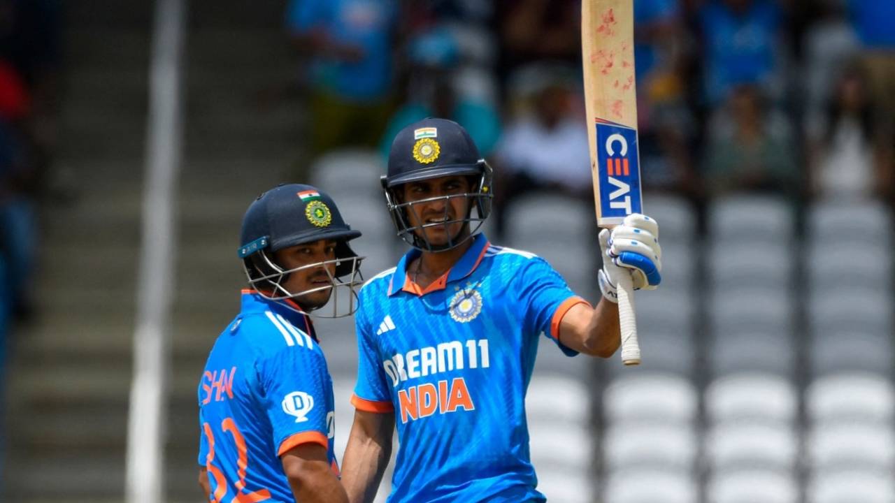 Shubman Gill raises his bat after crossing fifty, West Indies vs India, 3rd ODI, Tarouba, August 1, 2023