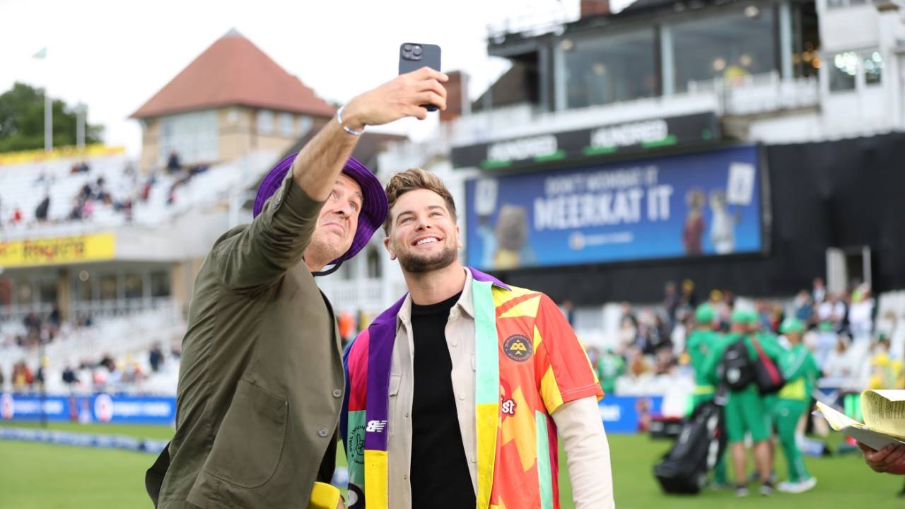 Michael Vaughan takes a selfie with BBC presenter Chris Hughes, Trent Rockets vs Southern Brave, Women's Hundred, Nottingham, August 1, 2023