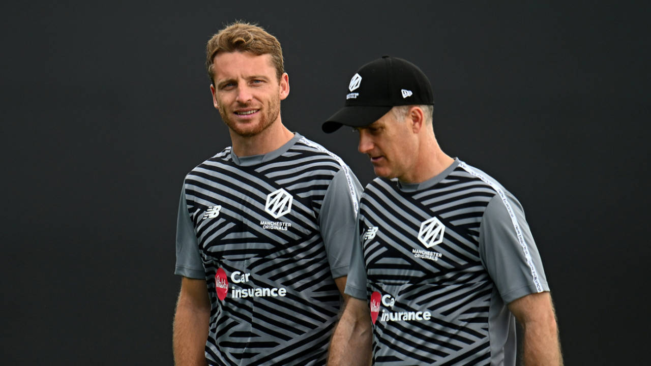 Jos Buttler and Simon Katich wait for the rain to clear, Welsh Fire vs Manchester Originals, The Hundred Men's Competition, Cardiff, August 2, 2023