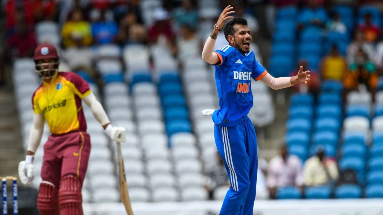 Yuzvendra Chahal is up in excitement after trapping Brandon King, West Indies vs India, 1st T20I, Tarouba, August 3, 2023