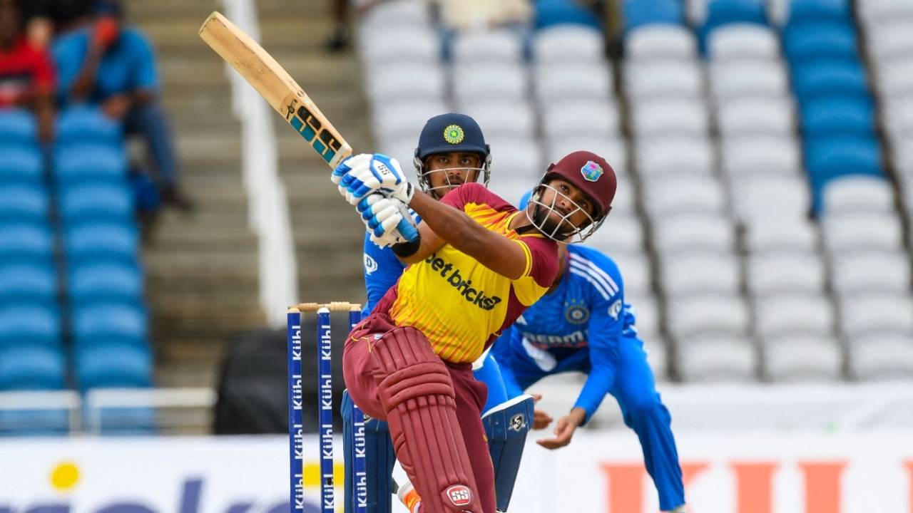 Nicholas Pooran frees his arms with a big hit, West Indies vs India, 1st T20I, Tarouba, August 3, 2023