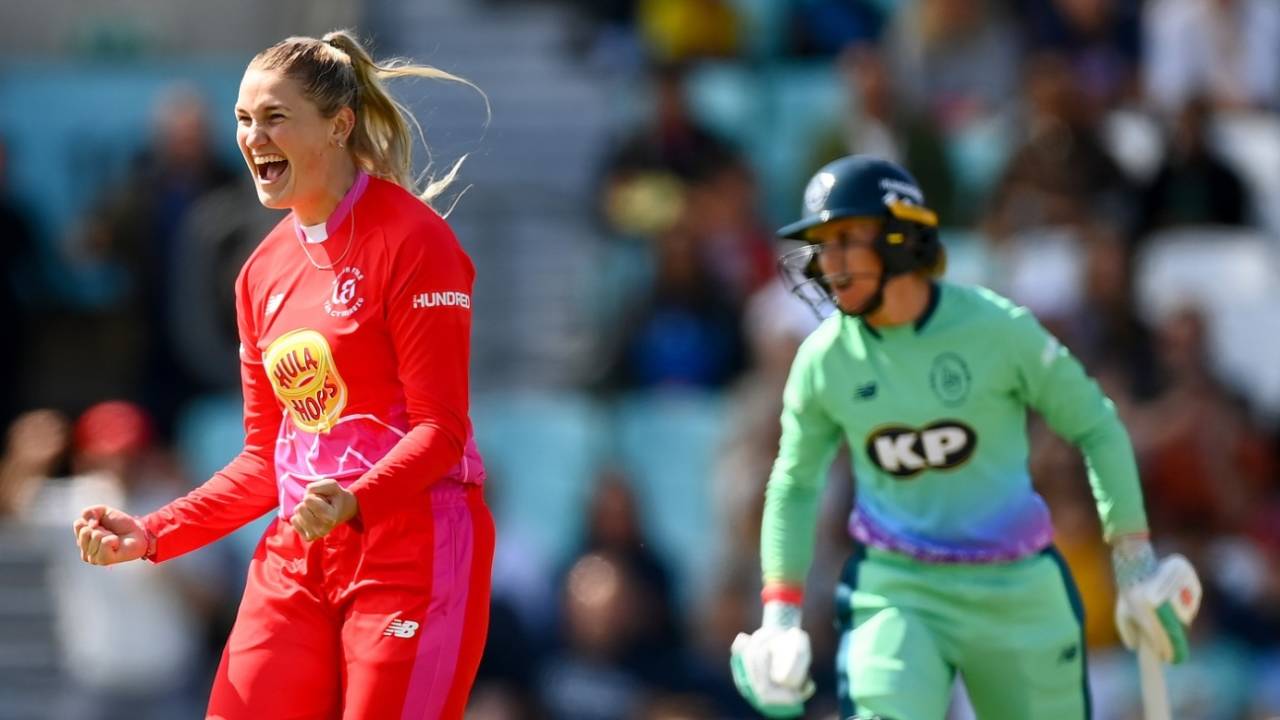Alex Griffiths celebrates the wicket of Dane van Niekerk, Oval Invincibles vs Welsh Fire, Women's Hundred, London, August 6, 2023