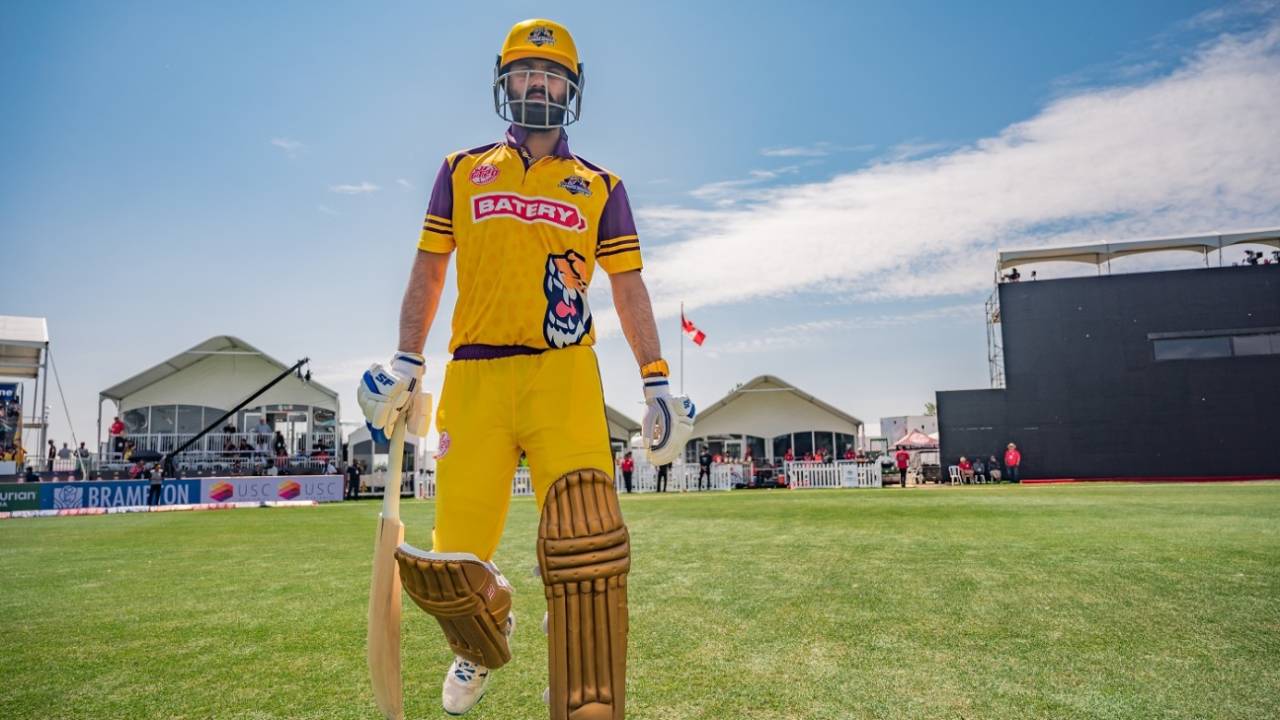 Jatinder Singh walks out to open the batting, Montreal Tigers vs Surrey Jaguars, Global T20 Canada final, Brampton, August 6, 2023