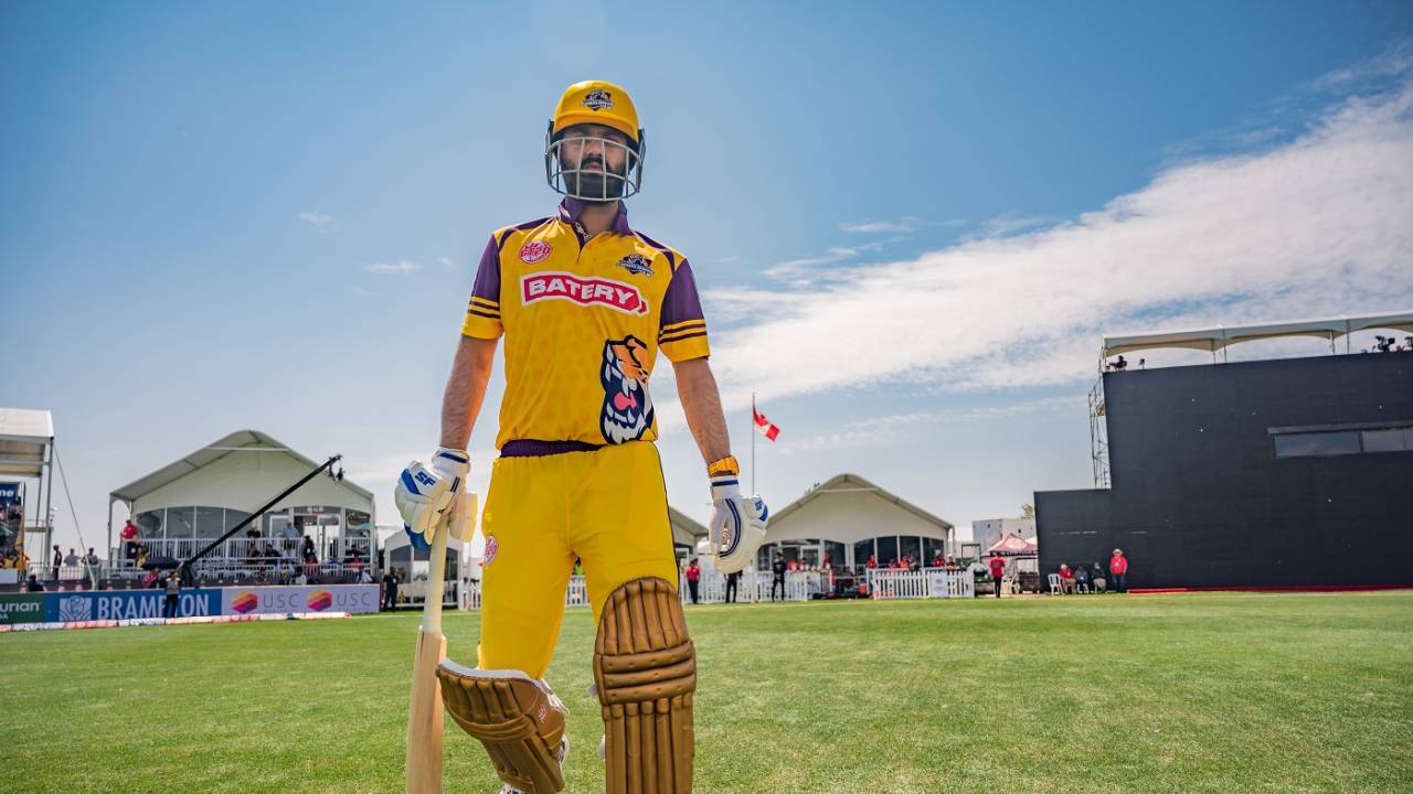 Jatinder Singh walks out to open the batting, Montreal Tigers vs Surrey Jaguars, Global T20 Canada final, Brampton, August 6, 2023