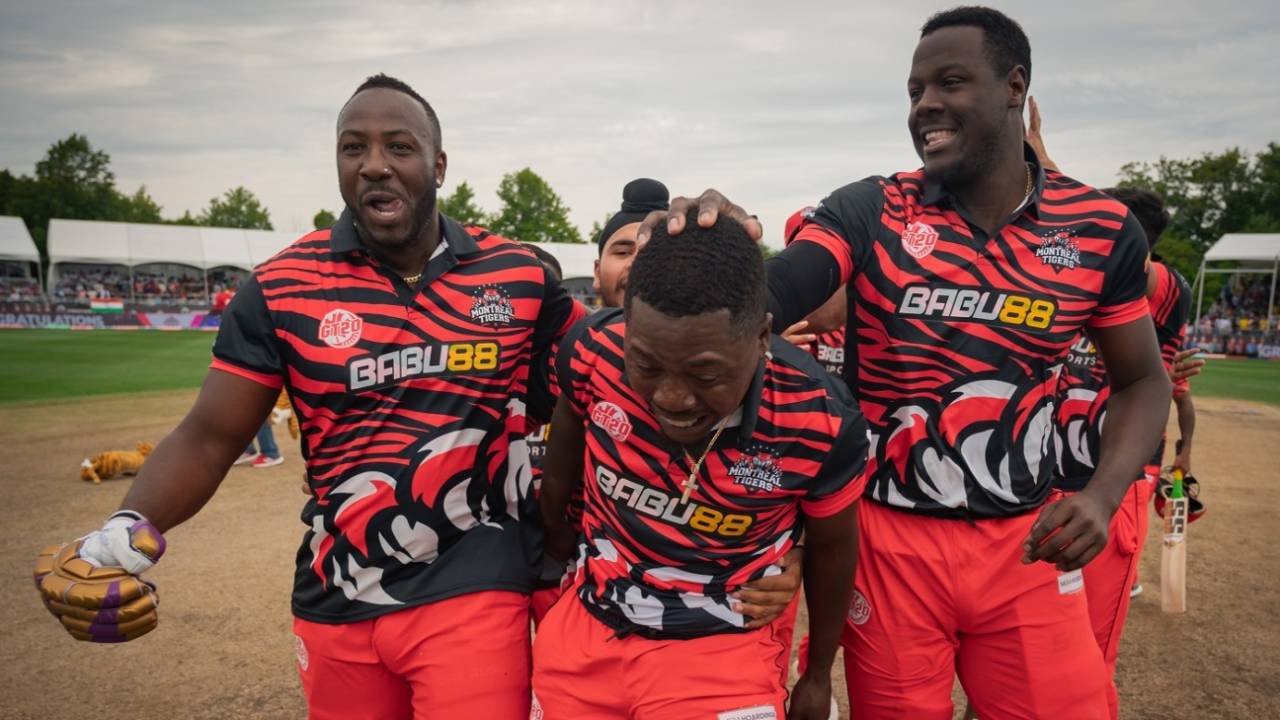 Sherfane Rutherford is congratulated by Andre Russell and Carlos Brathwaite after winning the final, Surrey Jaguars vs Montreal Tigers, Global T20 Canada, Final, Brampton, August 06, 2023