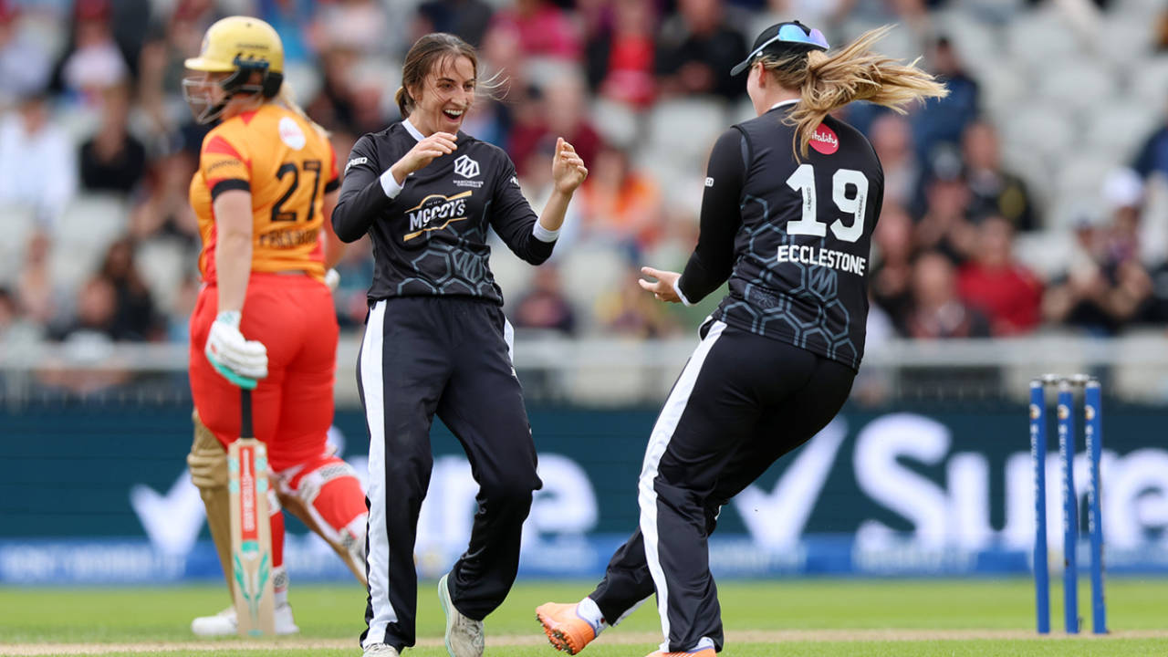 Fi Morris celebrates a wicket with Sophie Ecclestone, Women's Hundred, Manchester Originals vs Birmingham Phoenix, Emirates Old Trafford, August 07, 2023