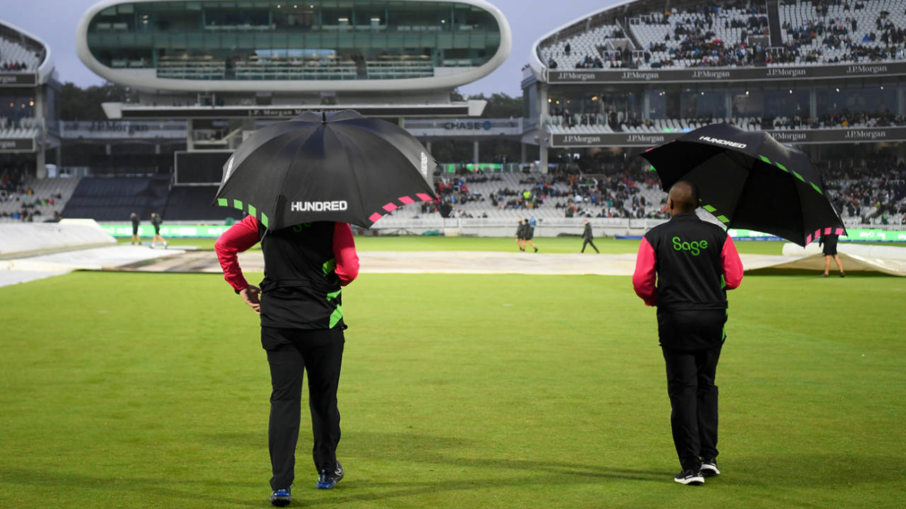 Umpires inspect the pitch as rain delays play, Men's Hundred, London Spirit vs Southern Brave, Lord's, August 08, 2023