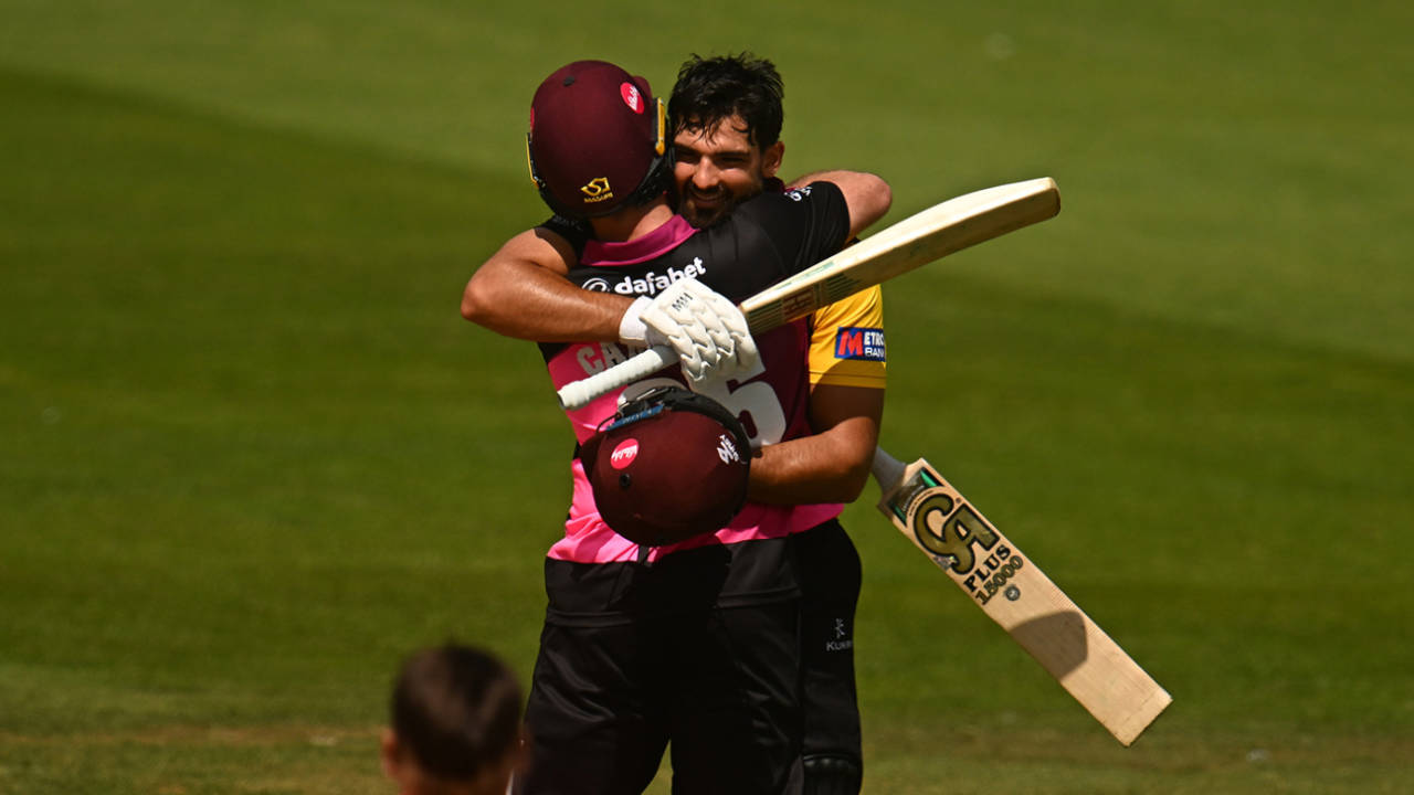 Andrew Umeed celebrates his century with team-mate Curtis Campher, Metro Bank One-Day Cup, Somerset vs Sussex, Taunton, August 11, 2023