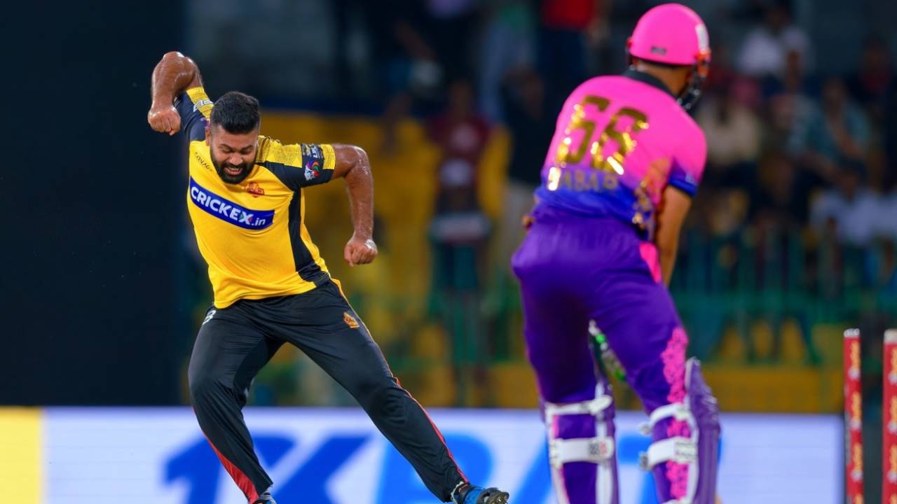 Lahiru Kumara is over the moon after smashing Babar Azam's stumps, Colombo Strikers vs Galle Titans, LPL 2023, Colombo, August 15, 2023