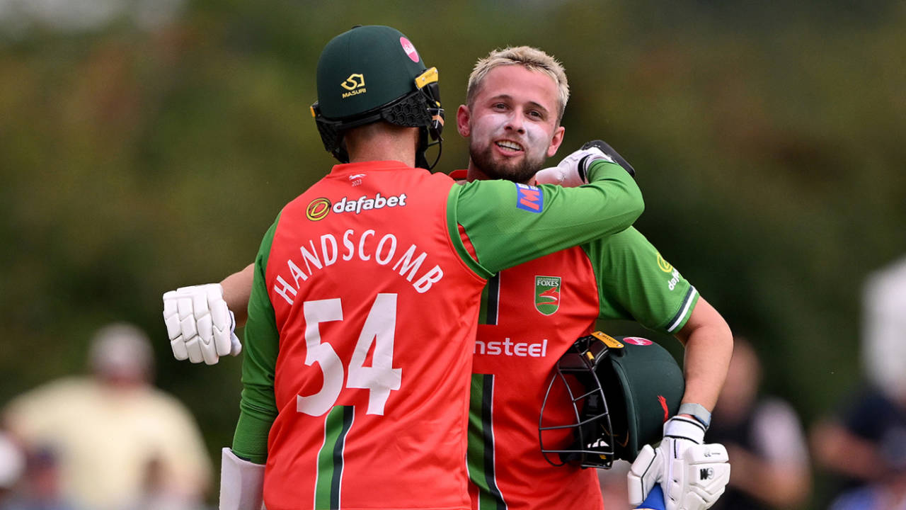 Sol Budinger celebrates his hundred with Peter Handscomb, Leicestershire vs Essex, Metro Bank One-Day Cup, Kibworth, August 15, 2023