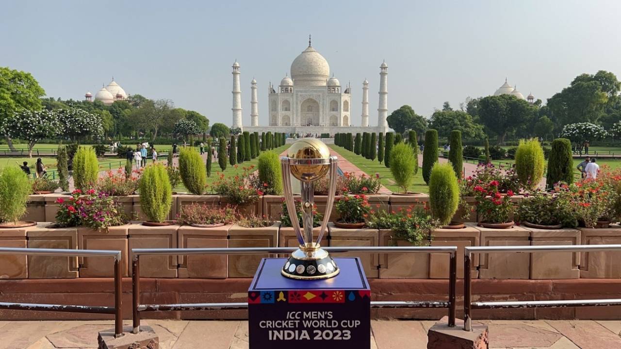 The 2023 ODI World Cup trophy in front of the Taj Mahal, Agra, August 16, 2023
