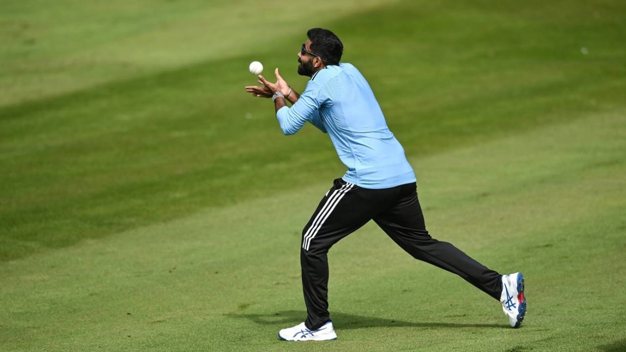 Jasprit Bumrah catches a ball during fielding drill, Ireland vs India, Dublin, August 17, 2023