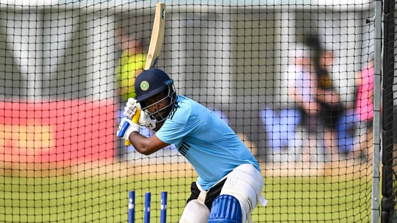 Sanju Samson prepares to hit the ball in the nets, Ireland vs India, Dublin, August 17, 2023