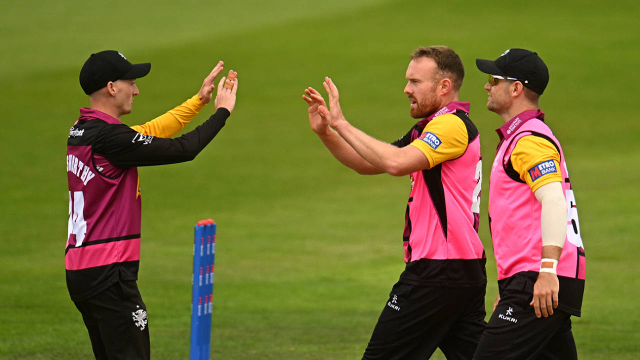 Danny Lamb gets high fives from a team-mate, Somerset vs Worcestershire, Metro Bank One-Day Cup, August 6, 2023
