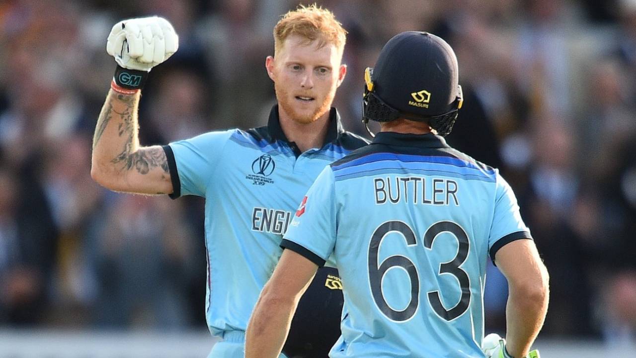 Ben Stokes and Jos Buttler celebrate another boundary in the World Cup final, England v New Zealand, World Cup 2019 final, Lord's, July 14, 2019