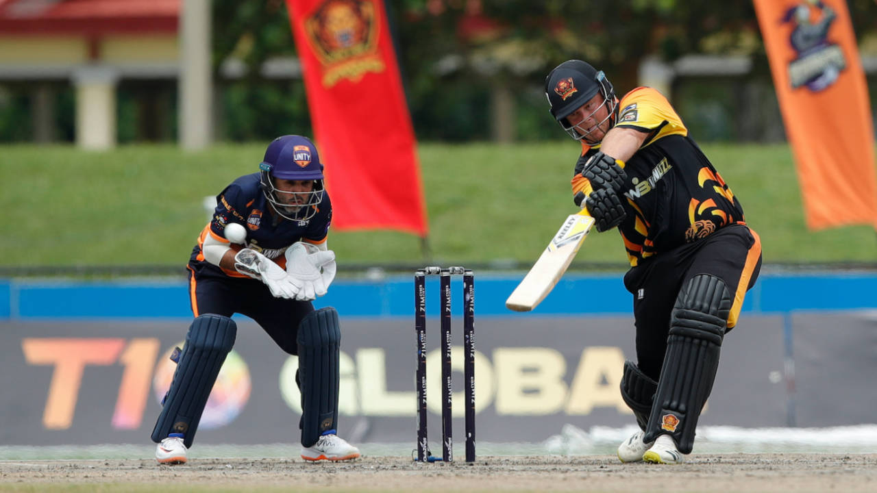 Richard Levi, who made 66, smacks the ball as Parthiv Patel watches, New York Warriors vs Morrisville Unity, US Masters T10, Lauderhill, August 19, 2023